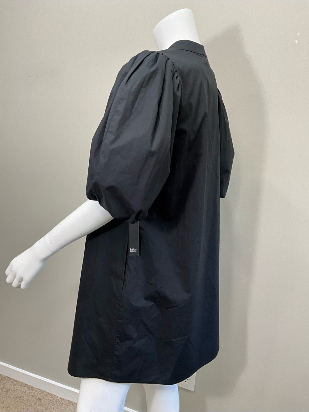 NICOLE MILLER Black Puff Sleeve Mini Dress A-Line Split Neck M Pockets - Picture 5 of 8